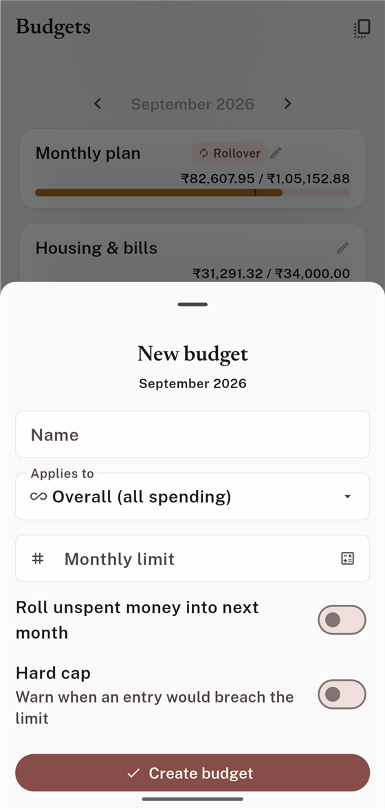 New budget sheet with Name, Applies to, Monthly limit, Roll unspent money into next month, and Hard cap