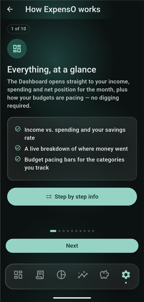 How ExpensO works — in-app guide, slide 1 of 10, Everything at a glance, with a Step by step info button