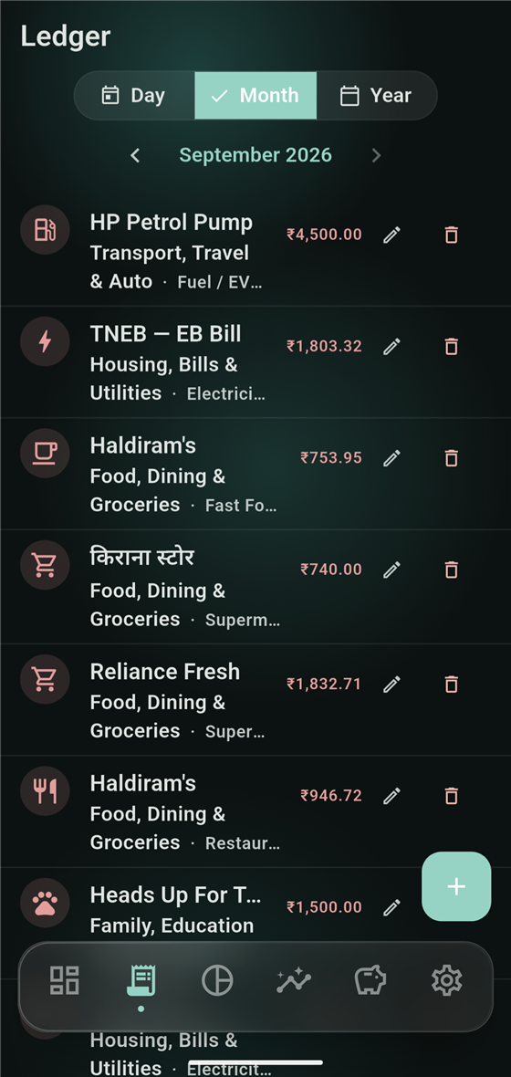 Ledger Month view for September 2026 listing entries with category and amount